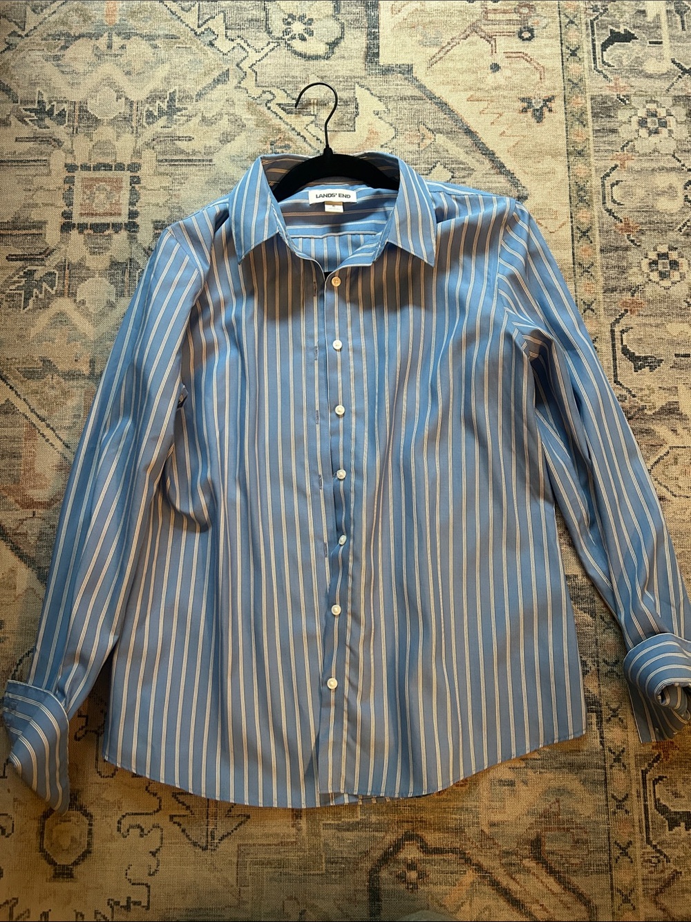 Lands' End Light Blue and White Vertical Stripe Dress Shirt